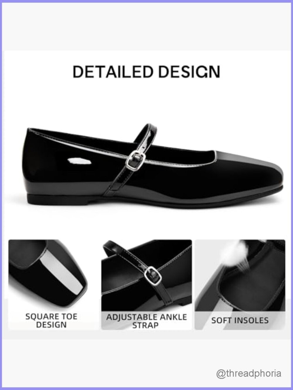 Square Toe Mary Jane Ballet Flats With Adjustable Buckle Ankle Strap Soft - Picture 4 of 7